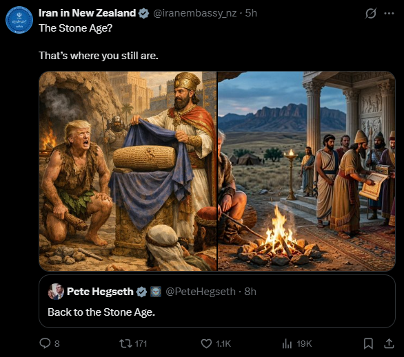 Iran’s NZ embassy fires back at Trump ‘stone age’ taunt with AI-generated mockery